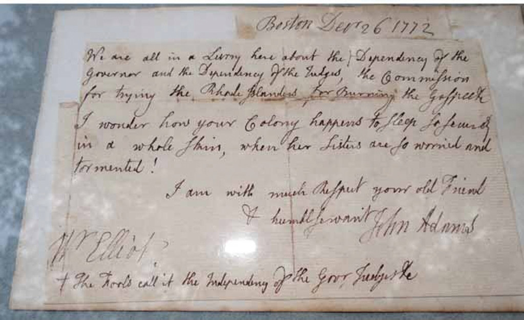 WAS IT ADAMS? A page from a letter believed to have been written by John Adams mentioning the burning of the Gaspee is up for auction Jan. 16.