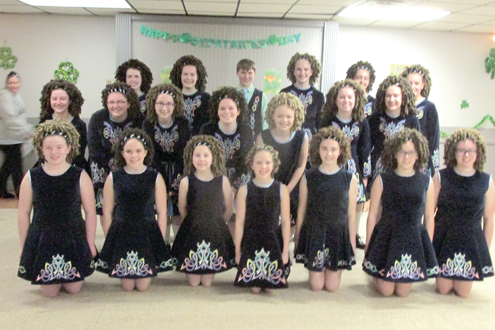 TALENTED TROUPE: Members of the Damhsa Irish Step Dance Studio who treated a nearly sold-out audience to a spectacular performance Saturday night at the Tri-City Elks are, in front from left: Gracie Lemieux, Alexandra Howlett, Olivia Weidele, Audrey Kuiawa, Joslyn Karpowich, Athena Howlett and Pepper Travers; middle: Mackenzee Stanley, Olivia Doyle, Isabelle White, Joseph Weidele, Kiley Lemieux, Fiona Atoyan and Mollee Daniels; top: Cailee Lavoie, Devin Corbin, Grace Pine, Annaliese Brannon, Sarah Corbin, Tessa Foley and Abigail Steinhilber.