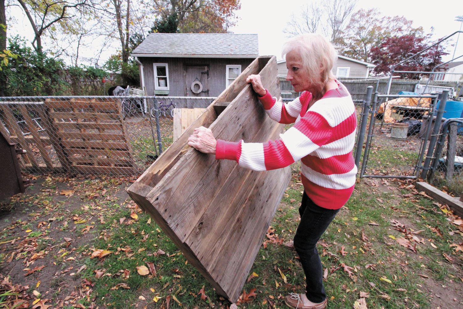 it’s all how you move it: Cookie Pelletier demonstrates how she moves wood pallets without having to pick them up. So as not to strain her back.