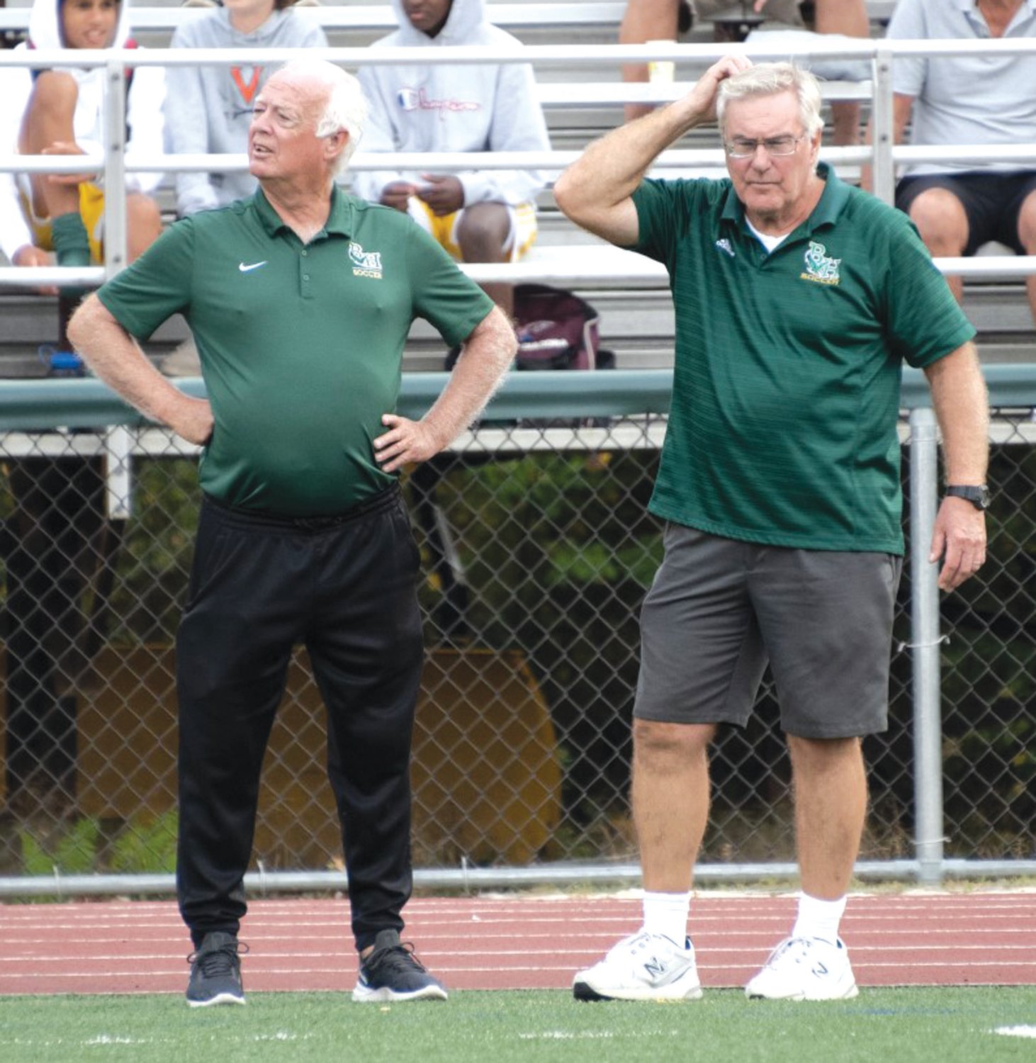 OWING IT TO THE GAME: Mick Rooney on the sideline at a Bishop Hendricken soccer game. Rooney is a former All-American and longtime coach. (Photo courtesy of Hendricken)