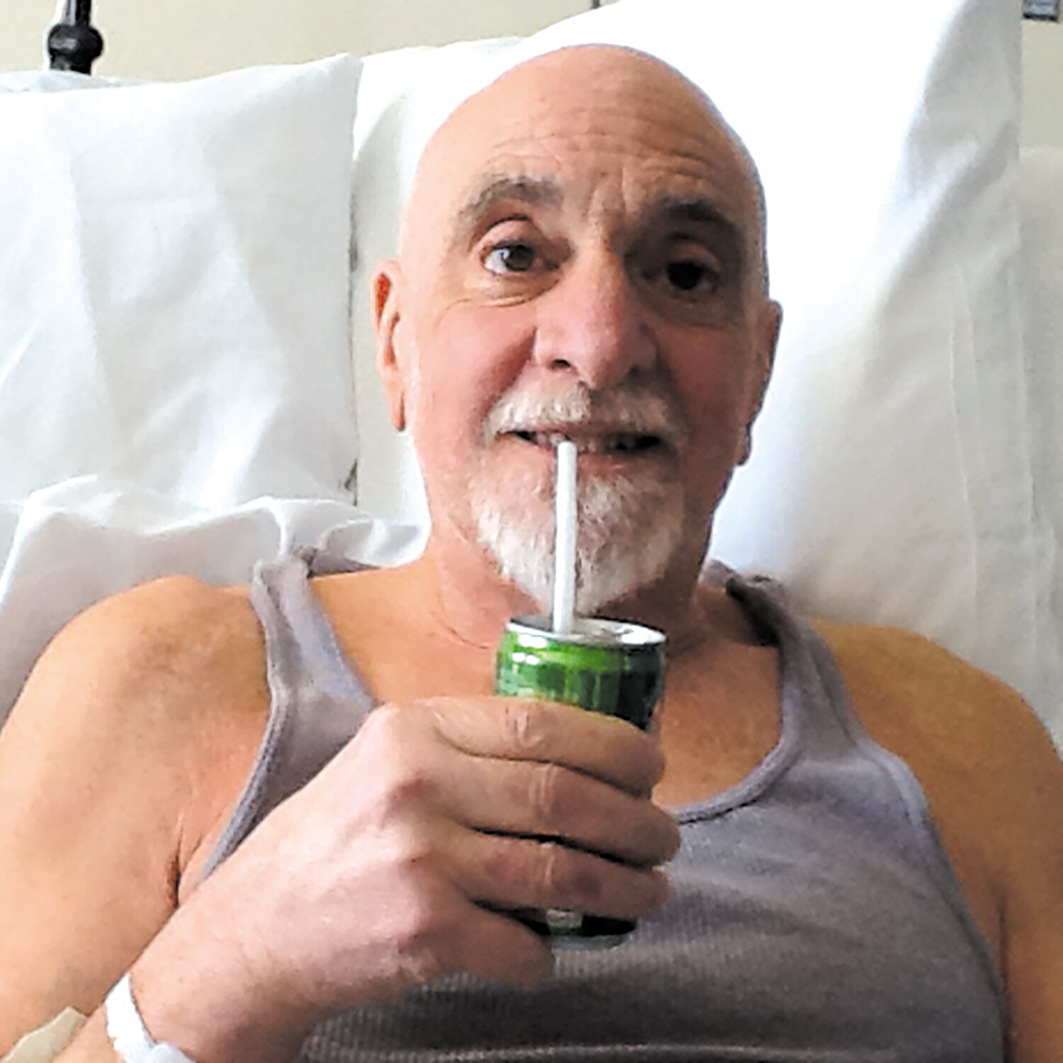 Pugliese takes refreshment during treatment. (Courtesy of Lou Pugliese)